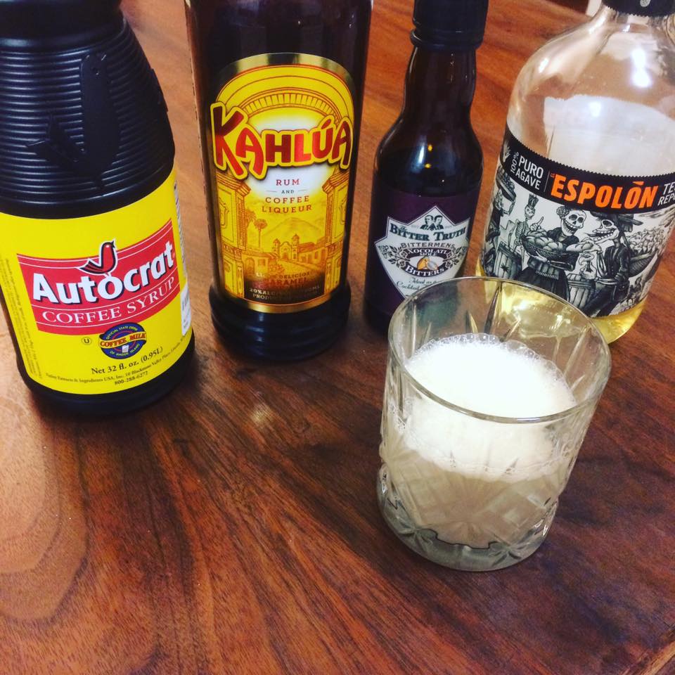 cocktail with kahlua, espolon reposado tequila, bittermans mole bitters, milk and autocrat coffee syrup