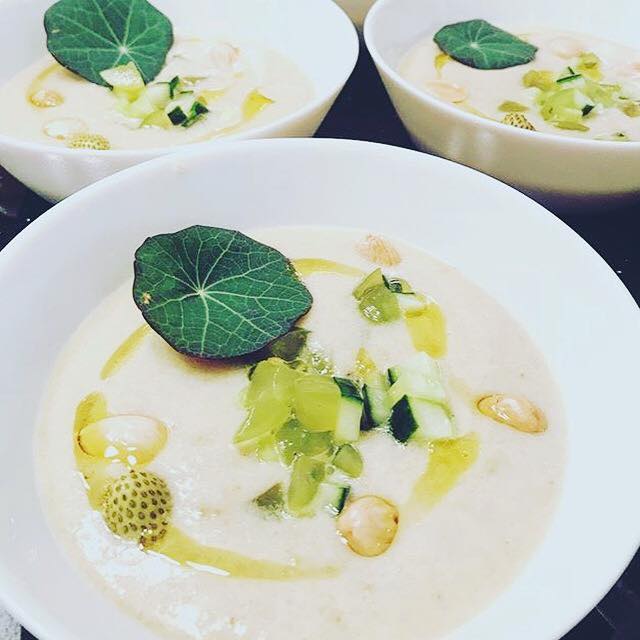 Almond & Grape Gazpacho with English Cucumber, Nasturtium, Marcona Almonds, Pickled Green Strawberry and Kale Flowers