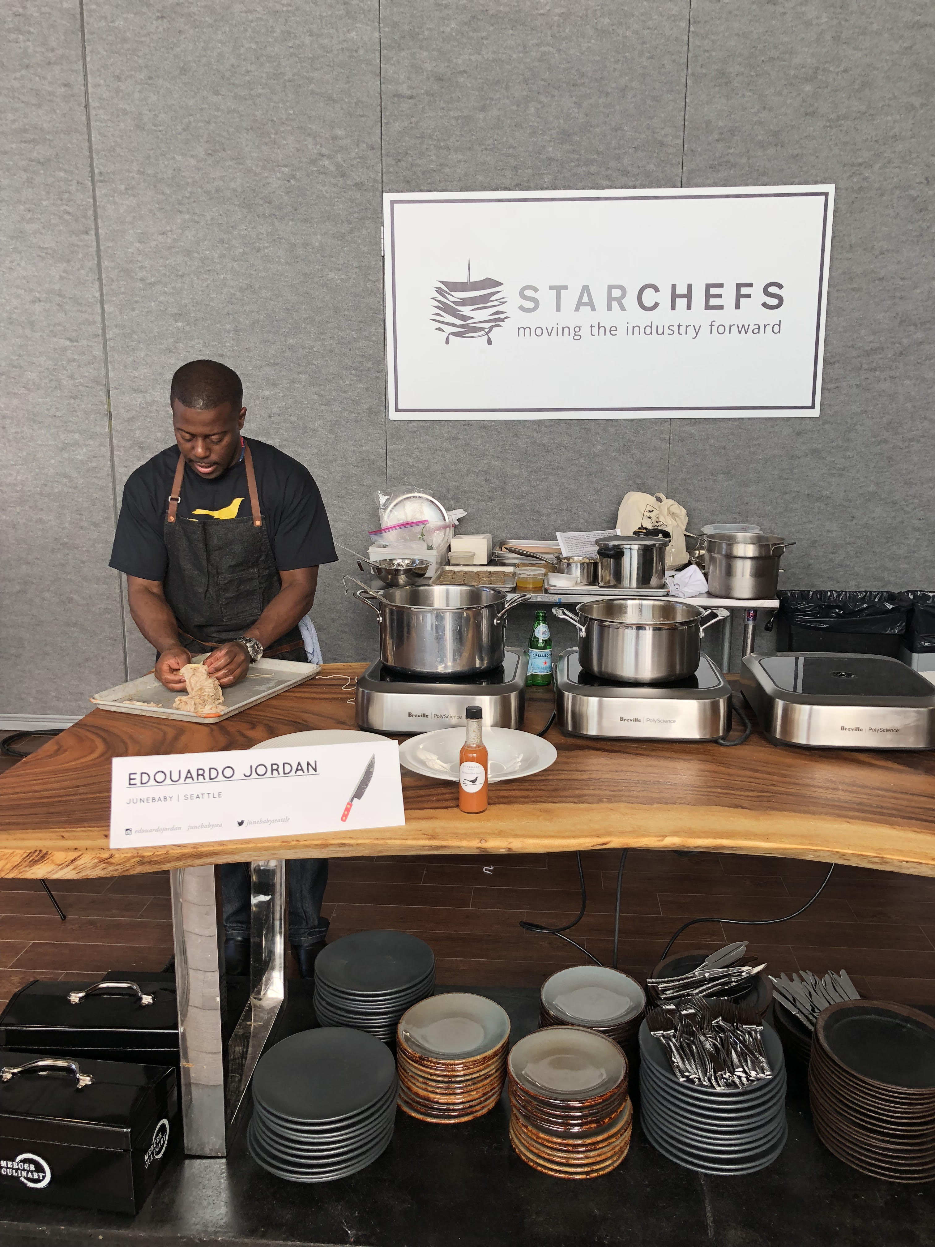 Seattle chef Edouardo Jordan making chitterlings and chitlins at the 2017 starchefs international chefs congress