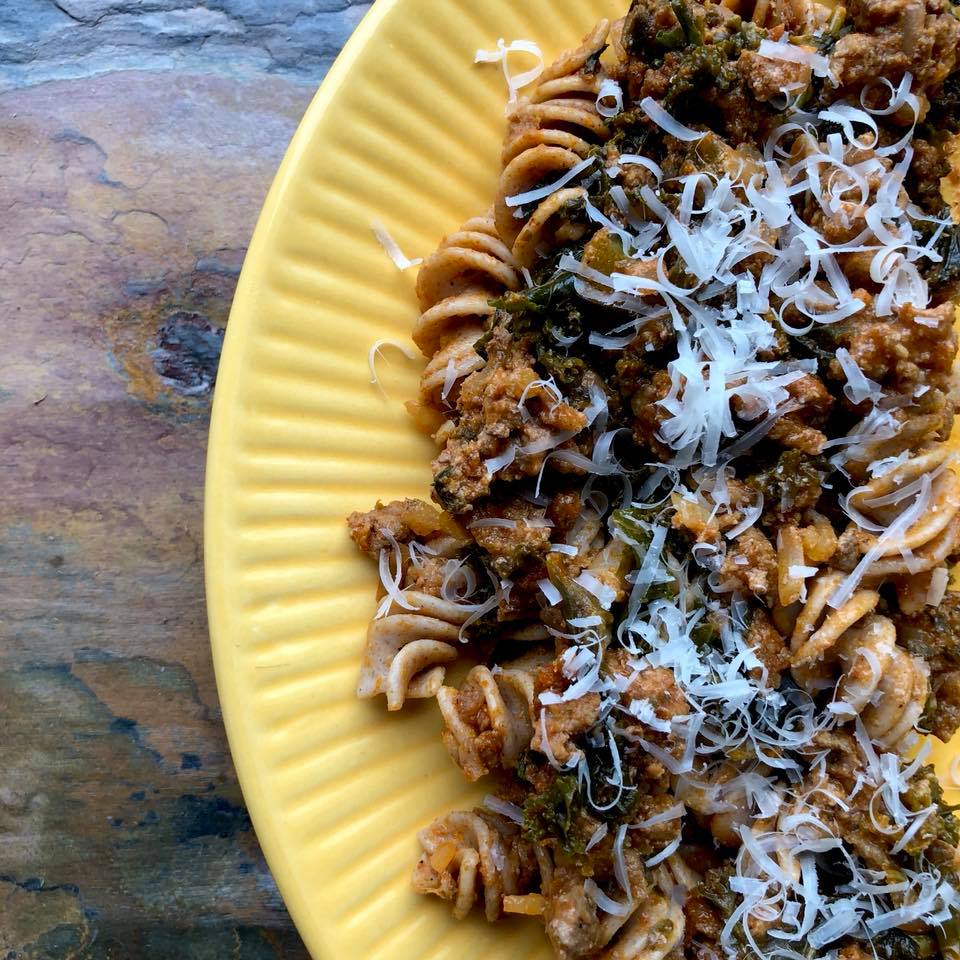 Lamb Bolognese, Sfoglini Emmer Fusilli, Kale, Ras el Hanout, Aleppo, Yogurt & Parmesan by frederick maryland personal chef and caterer chris spear