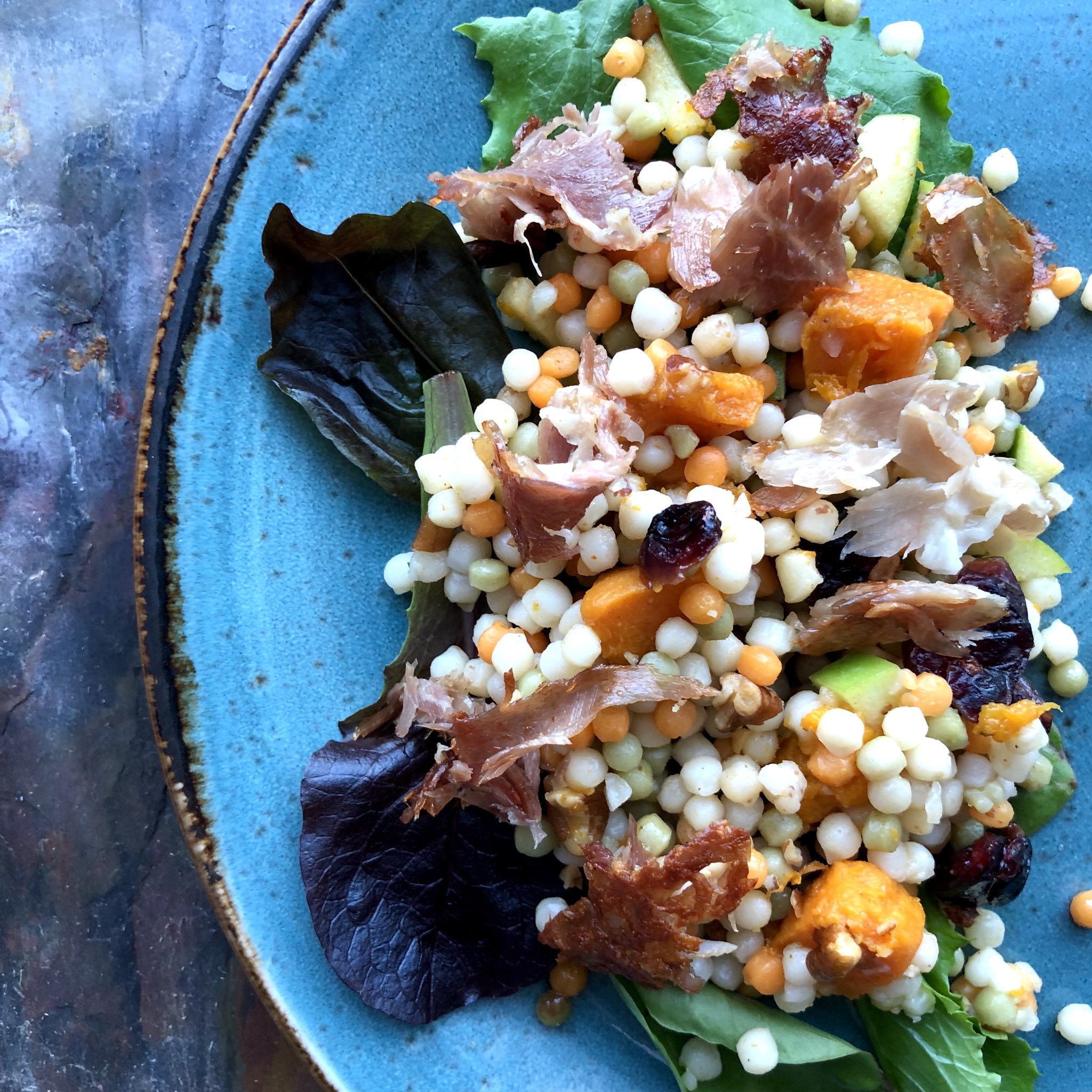 Israeli Cous Cous Salad with Edwards Country Ham, Maple/Berbere Butternut Squash, Apples, Pecans, Dried Cranberries & Cherries and Olde Mother Harvest Gose beer vinaigrette by frederick maryland personal chef and caterer chris spear