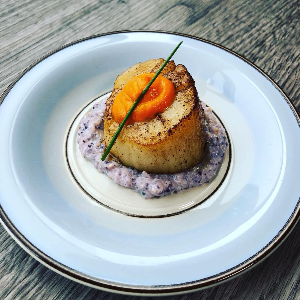 Sea Scallop, Ras el Hanout, Geechie Boy Mill Blue Grits, Whey, Harissa/Carrot Purée, Chive by frederick maryland personal chef and caterer chris spear