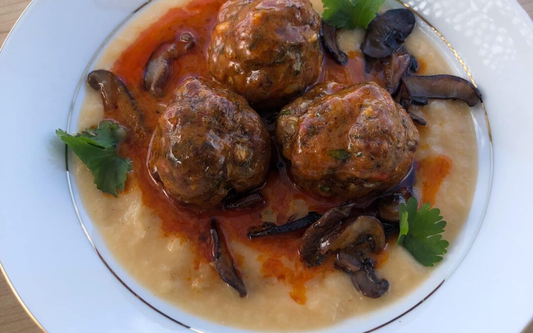Coconut Harissa Meatballs (Beef/Pork/Veal) with Cauliflower Congee and Shiitake/Criminis Cooked in Bacon Fat with Spiceology Candied Bacon Sriracha Spice